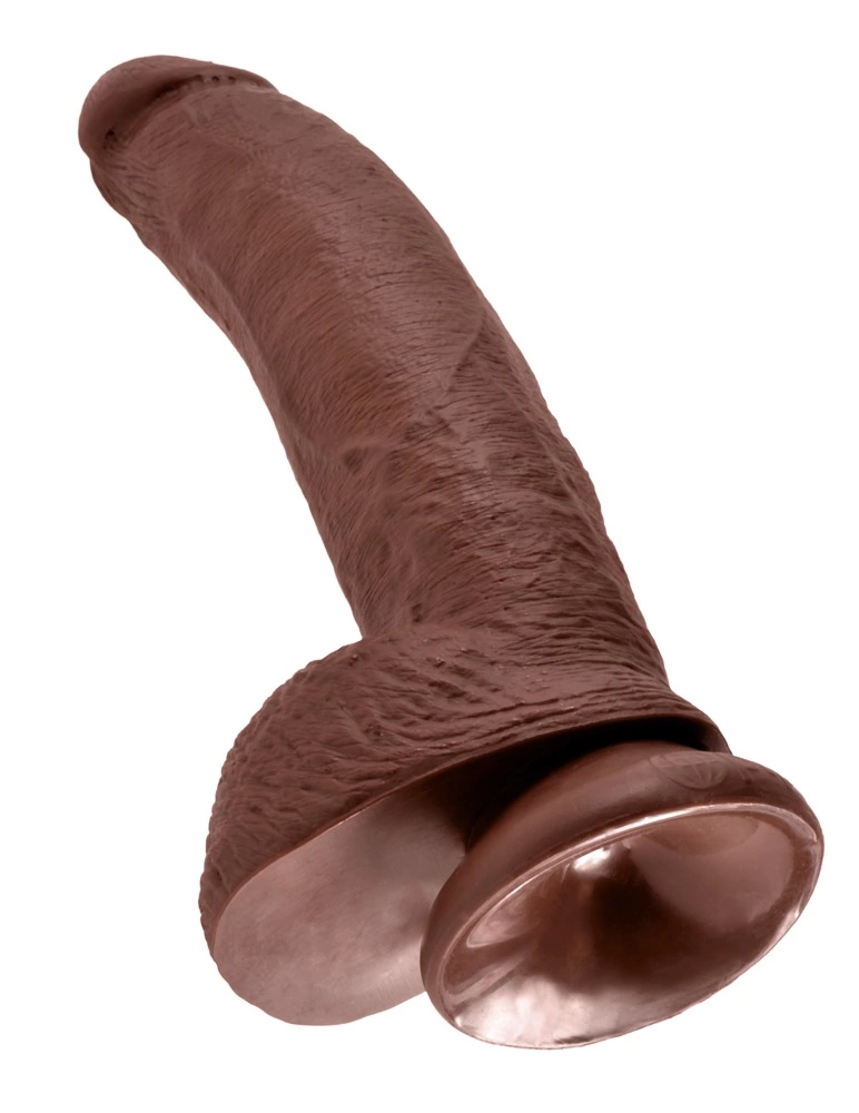 Realistyczne zakrzywione dildo do masturbacji wykonane z brązowego silikonu z przyssawką i jądrami King Cock 23 cm
