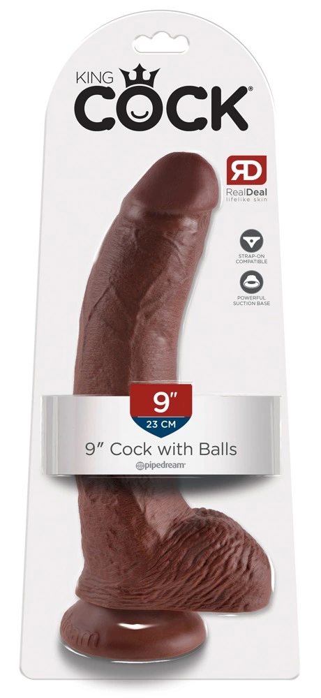 Realistyczne zakrzywione dildo do masturbacji wykonane z brązowego silikonu z przyssawką i jądrami King Cock 23 cm