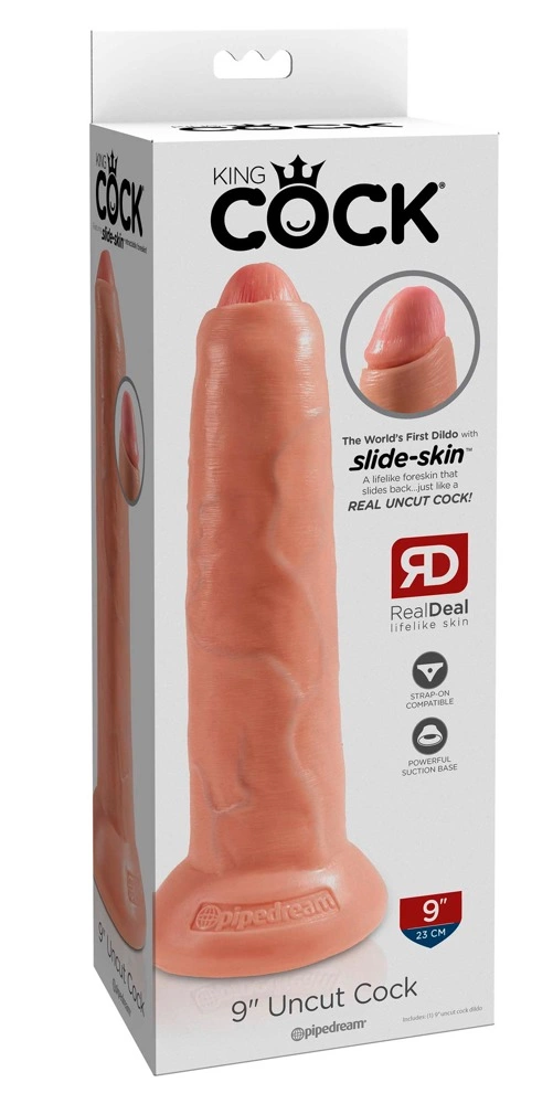 Realistyczne dildo z ruchomym napletkiem do masturbacji wykonane z beżowego silikonu King Cock 23 cm
