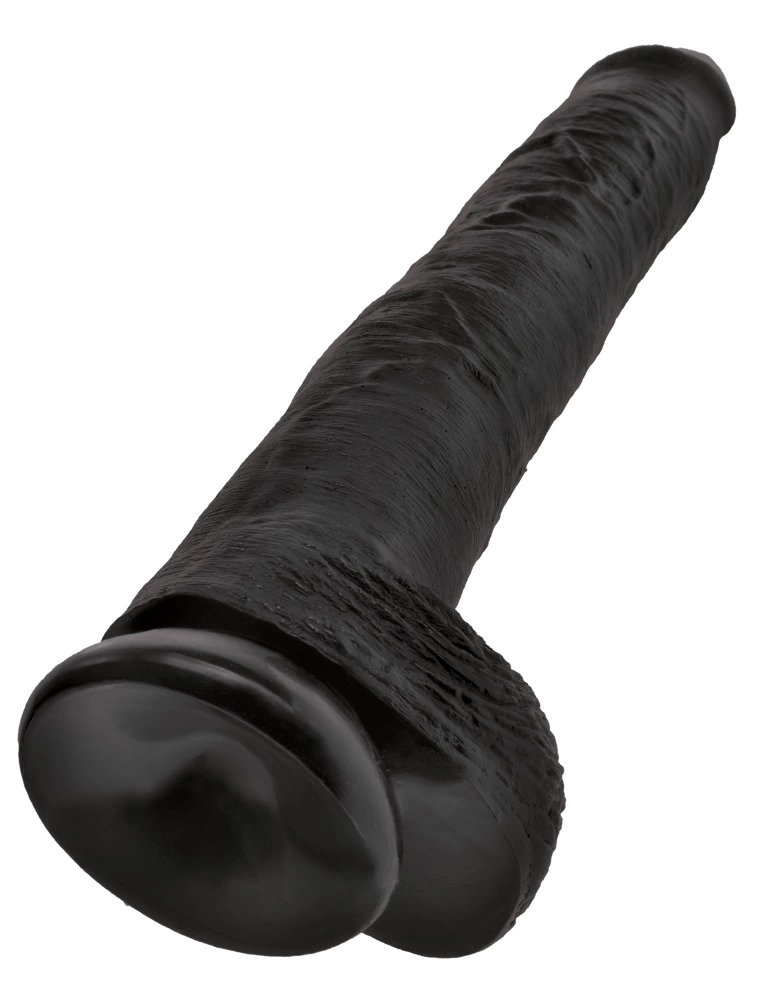 Realistyczne duże dildo do masturbacji wykonane z czarnego silikonu z przyssawką i jądrami King Cock 36 cm