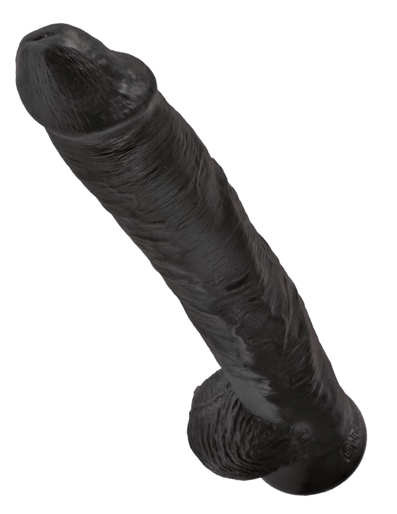 Realistyczne duże dildo do masturbacji wykonane z czarnego silikonu z przyssawką i jądrami King Cock 36 cm
