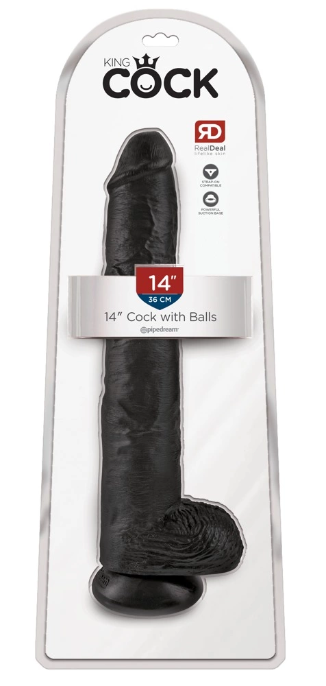 Realistyczne duże dildo do masturbacji wykonane z czarnego silikonu z przyssawką i jądrami King Cock 36 cm