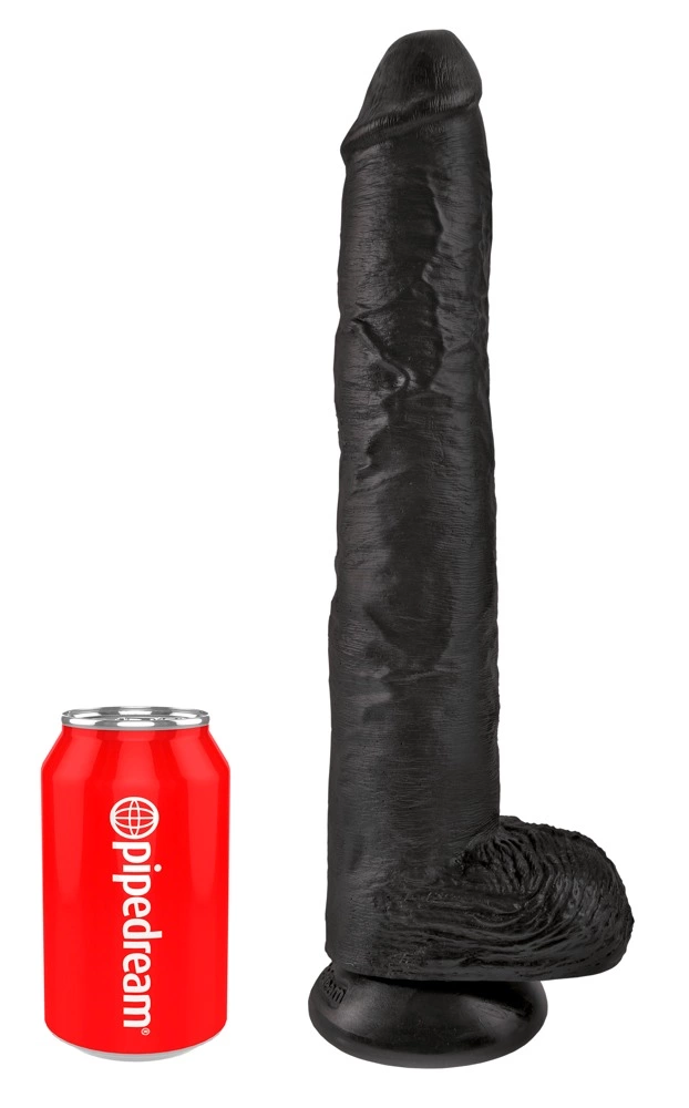 Realistyczne duże dildo do masturbacji wykonane z czarnego silikonu z przyssawką i jądrami King Cock 36 cm