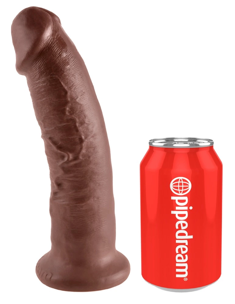 Realistyczne zakrzywione dildo do masturbacji wykonane z brązowego silikonu z przyssawką King Cock 24 cm