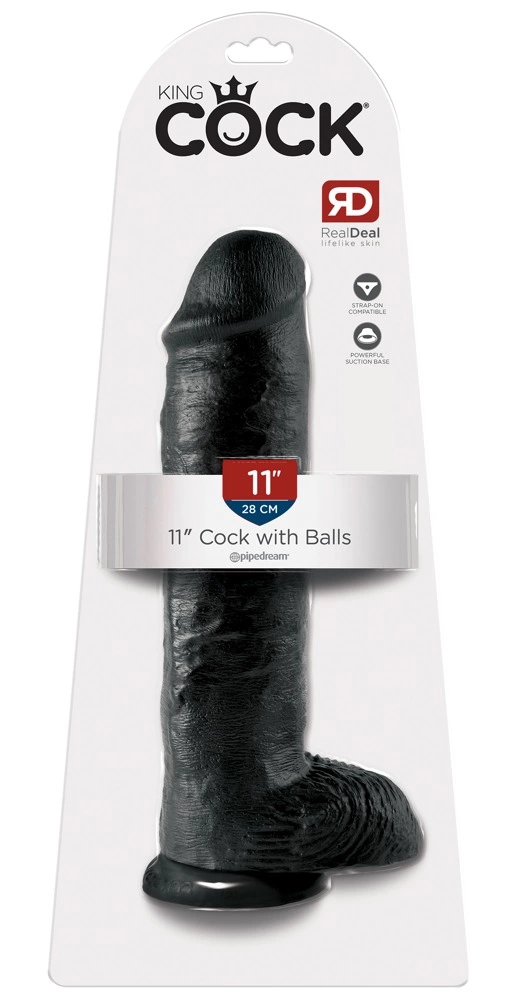 Realistyczne dildo do masturbacji wykonane z czarnego silikonu z przyssawką i jądrami King Cock 28 cm