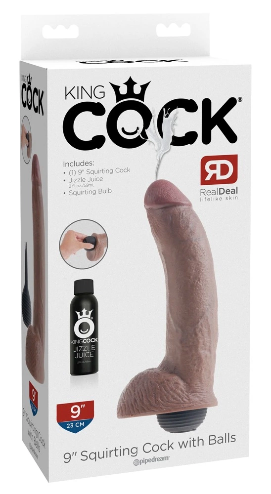 Realistyczne zakrzywione dildo z wytryskiem do masturbacji wykonane z beżowego silikonu z przyssawką i jądrami King Cock 23 cm