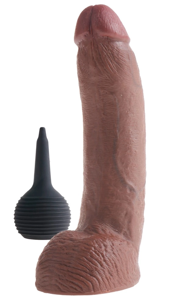 Realistyczne zakrzywione dildo z wytryskiem do masturbacji wykonane z beżowego silikonu z przyssawką i jądrami King Cock 23 cm
