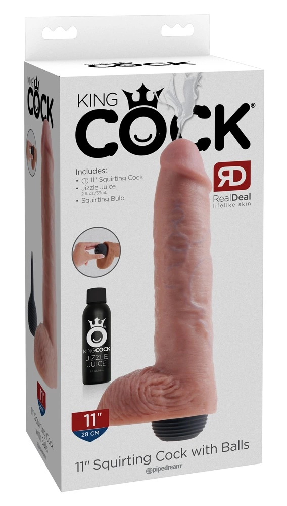 Realistyczne dildo z wytryskiem do masturbacji wykonane z beżowego silikonu z przyssawką i jądrami King Cock 29 cm