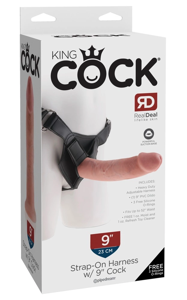 Realistyczny strapon do masturbacji waginy w kolorze beżowym i czarnym King Cock KC Strap On 23 cm