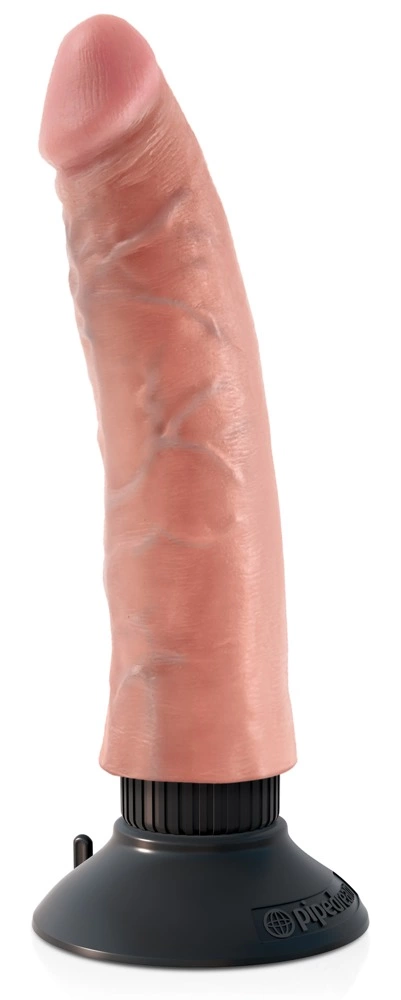 Realistyczny wibrator do masturbacji pochwy wykonany z polichlorku winylu w kolorze beżowym z przyssawką King Cock 18 cm Realistyczny wibrator do masturbacji pochwy wykonany z polichlorku winylu w kolorze beżowym z przyssawką King Cock 18 cm
