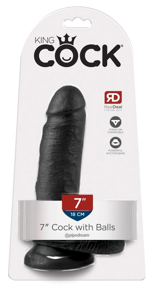 Realistyczne dildo do masturbacji wykonane z czarnego silikonu z przyssawką i jądrami King Cock 18 cm