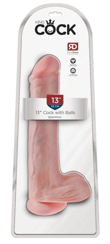 Realistyczne zakrzywione duże dildo do masturbacji wykonane z beżowego silikonu z przyssawką i jądrami King Cock 33 cm