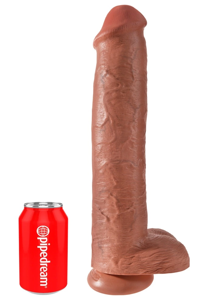 Realistyczne zakrzywione duże dildo do masturbacji wykonane z beżowego silikonu z przyssawką i jądrami King Cock 38 cm