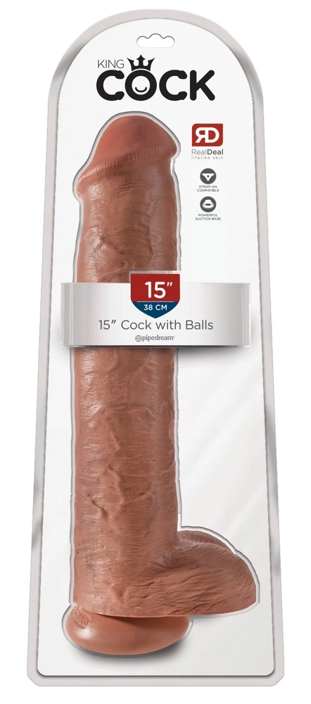Realistyczne zakrzywione duże dildo do masturbacji wykonane z beżowego silikonu z przyssawką i jądrami King Cock 38 cm