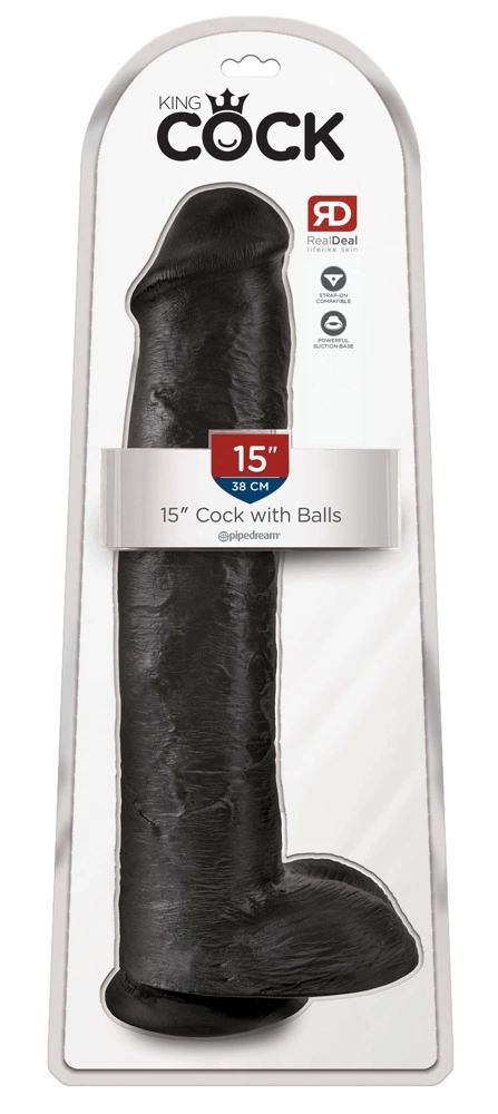 Realistyczne duże dildo do masturbacji wykonane z czarnego silikonu z przyssawką i jądrami King Cock 38 cm