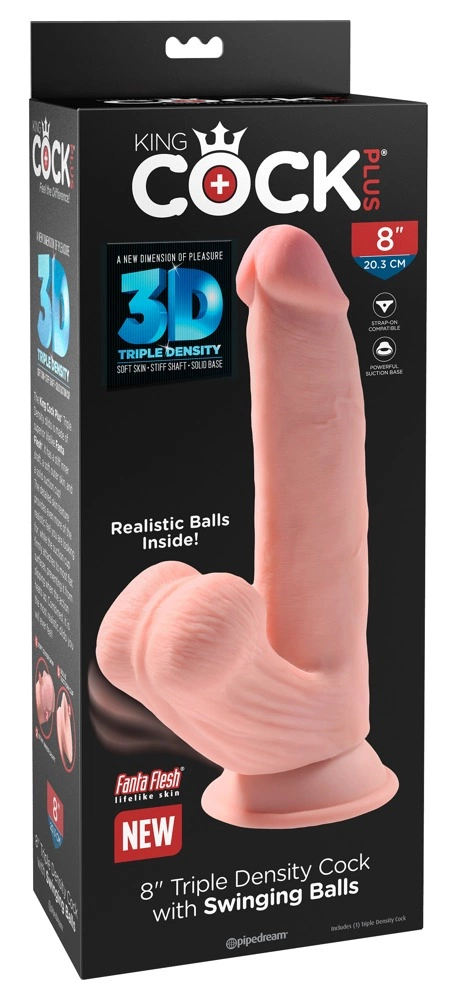 Realistyczne dildo do masturbacji z kulkami w jądrach wykonane z TPE w kolorze beżowym z przyssawką King Cock Plus 20 cm