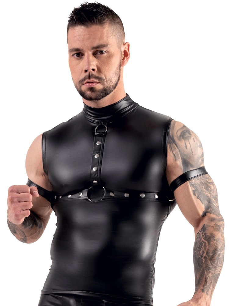Svenjoyment Bondage Top męski matowy z ćwiekami, szelkami i pasami L