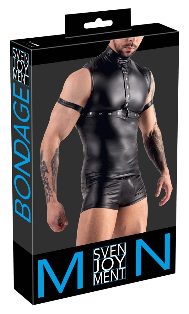 Svenjoyment Bondage Top męski XL matowy czarny z ćwiekami i szelkami