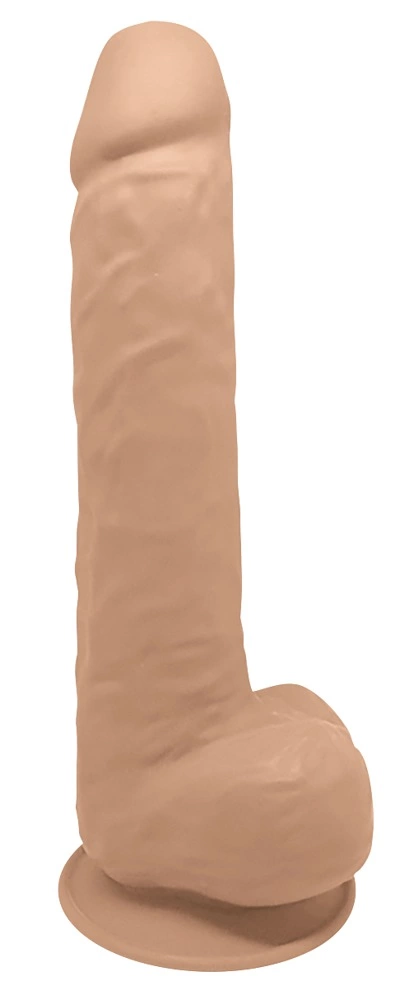 Realistyczne dildo do masturbacji wykonane z beżowego silikonu z przyssawką i jądrami SilexD 38 cm