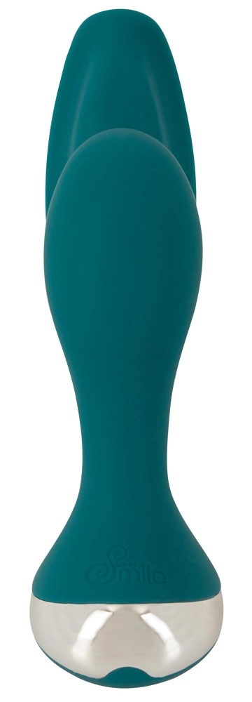 Wibrator do podwójnej stymulacji wykonany z silikonu w kolorze zielonym z pilotem Sweet Smile