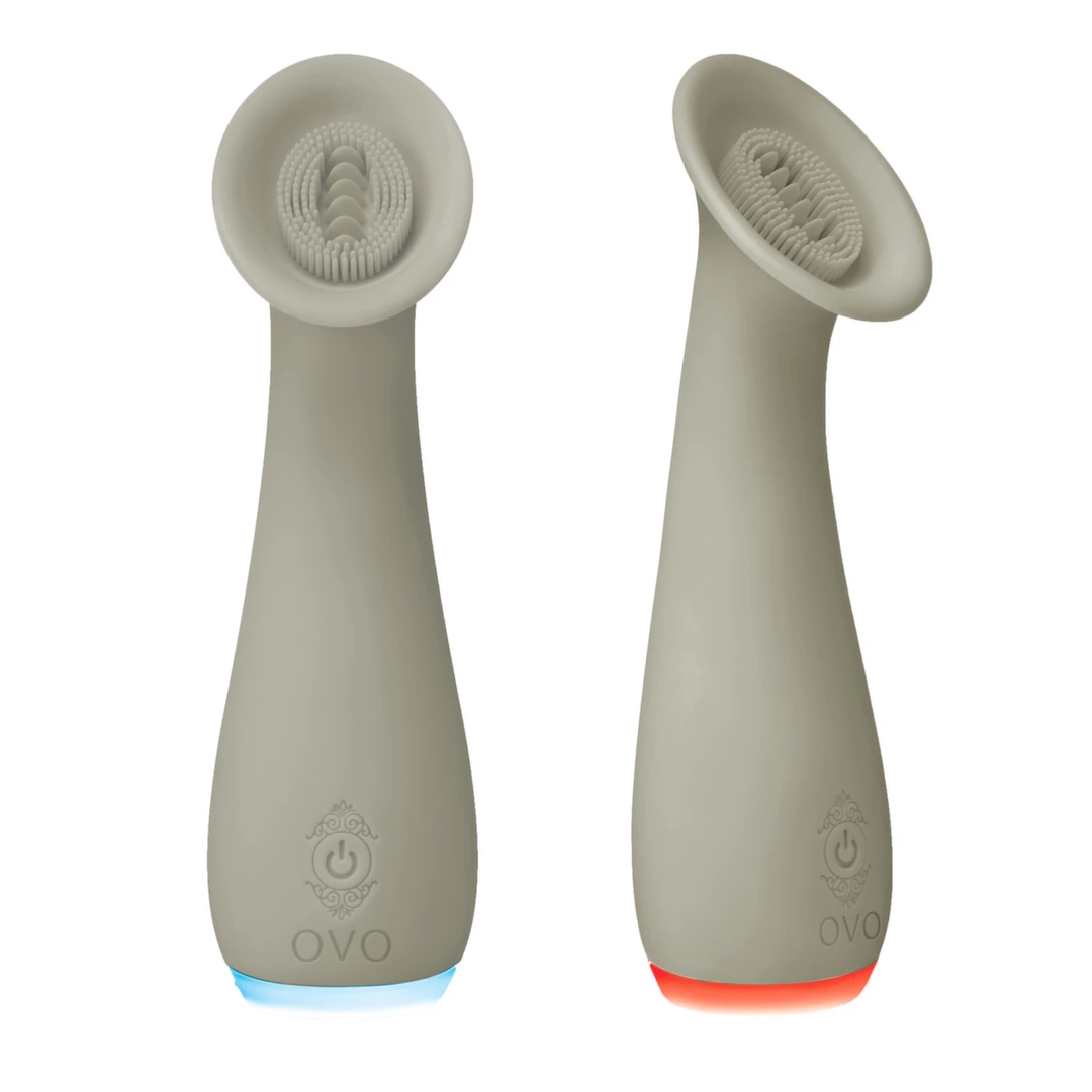Beżowy silikonowy wibrator o wyboistej i prążkowanej fakturze do masturbacji stref erogennych Ovo Alina Clitoral Vibrator