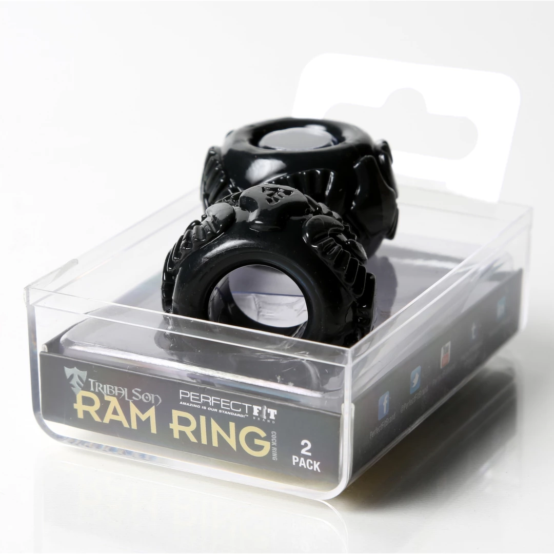 Dwa silikonowe pierścienie erekcyjne czarne z wzorem byka na penisa Perfect Fit Ram Ring Kit 