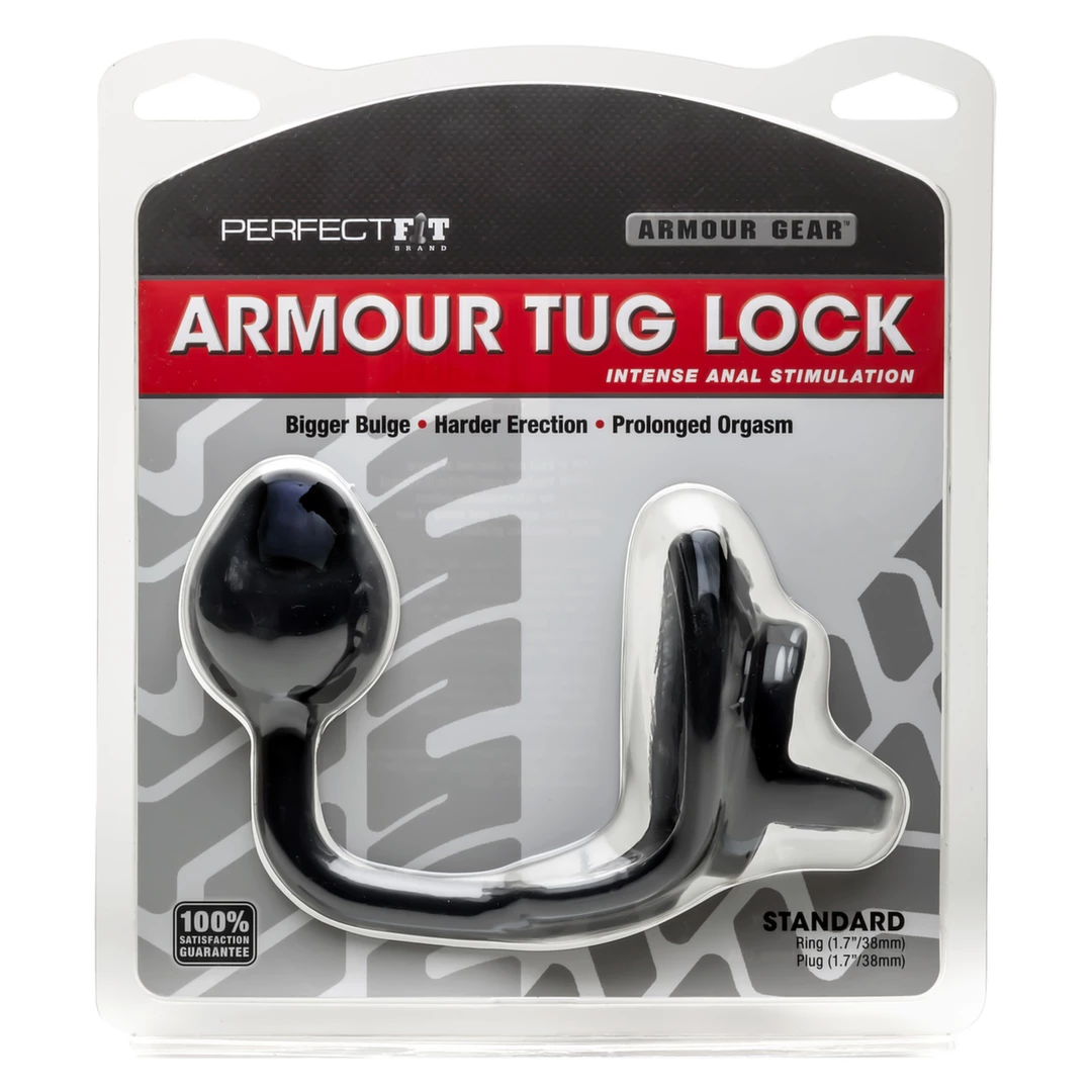 Pierścień erekcyjny silikonowy czarny na penisa z zatyczką analną Perfect Fit Armour Tug Lock