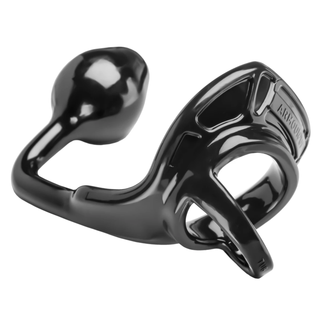 Pierścień erekcyjny silikonowy czarny na penisa z zatyczką analną Perfect Fit Armour Tug Lock