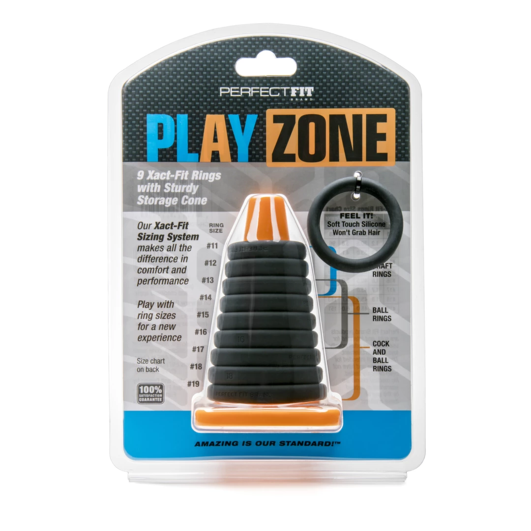 Zestaw pierścieni erekcyjnych z czarnego silikonu w 14 rozmiarach Perfect Fit Play Zone Kit Zestaw pierścieni erekcyjnych z czarnego silikonu w 14 rozmiarach Perfect Fit Play Zone Kit
