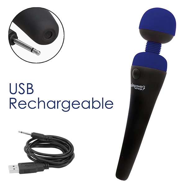 Wibrator silikonowy do masturbacji łechtaczki w kolorze czarno niebieskim PalmPower Recharge Wand Massager Wibrator silikonowy do masturbacji łechtaczki w kolorze czarno niebieskim PalmPower Recharge Wand Massager