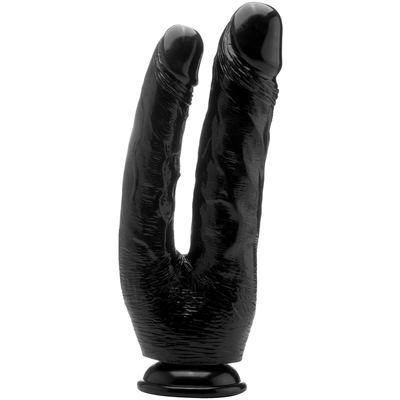 Realistyczne zakrzywione podwójne dildo do masturbacji wykonane z czarnego silikonu z przyssawką RealRock 25 cm