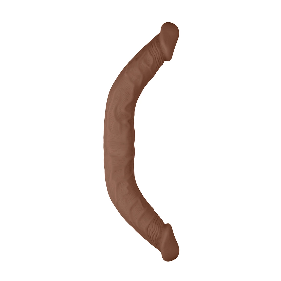 Podwójne wygięte dildo do masturbacji pochwy wykonane z silikonu w kolorze brązowym RealRock 46 cm