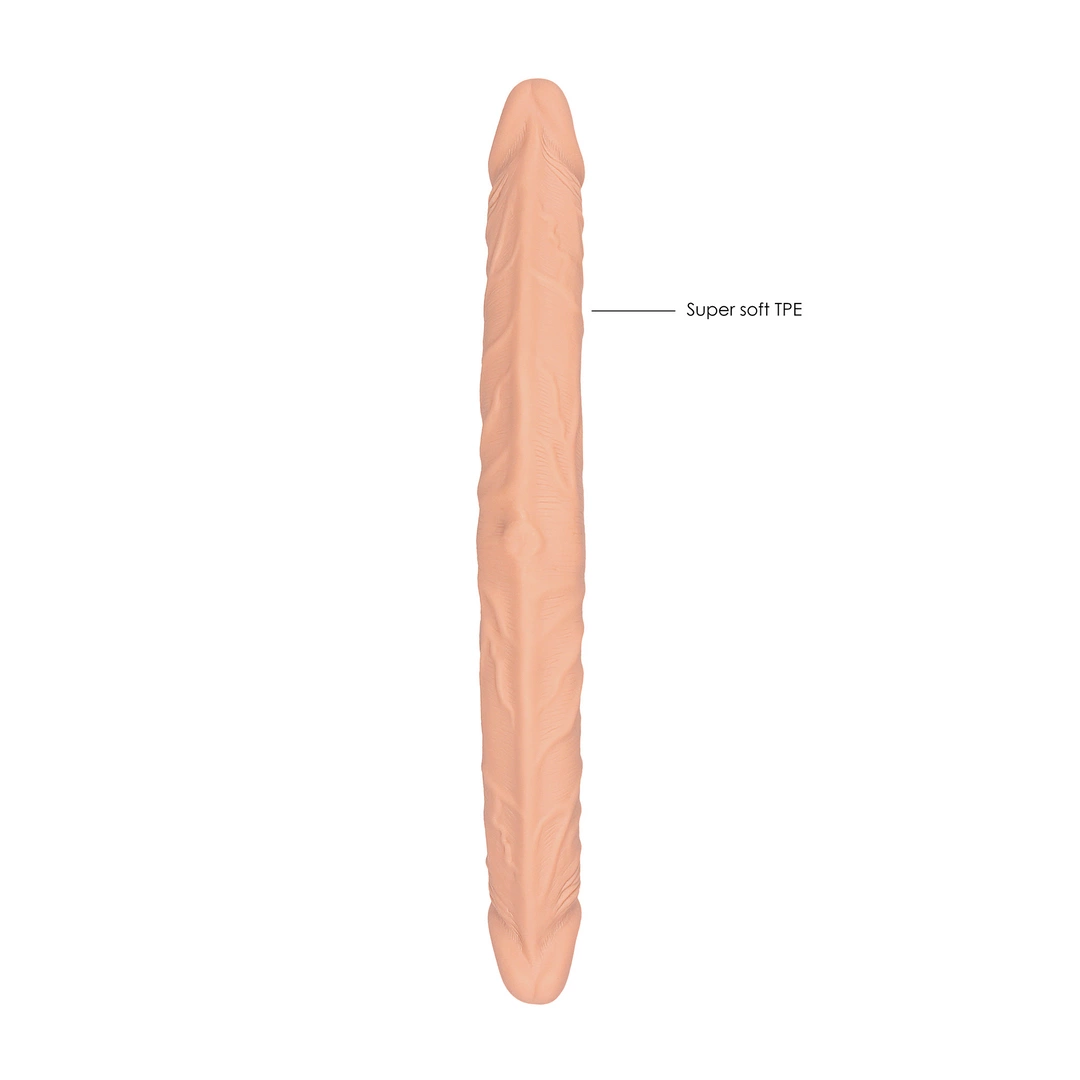 Realistyczne zakrzywione podwójne dildo do masturbacji wykonane z beżowych elastomerów termoplastycznych RealRock 36 cm