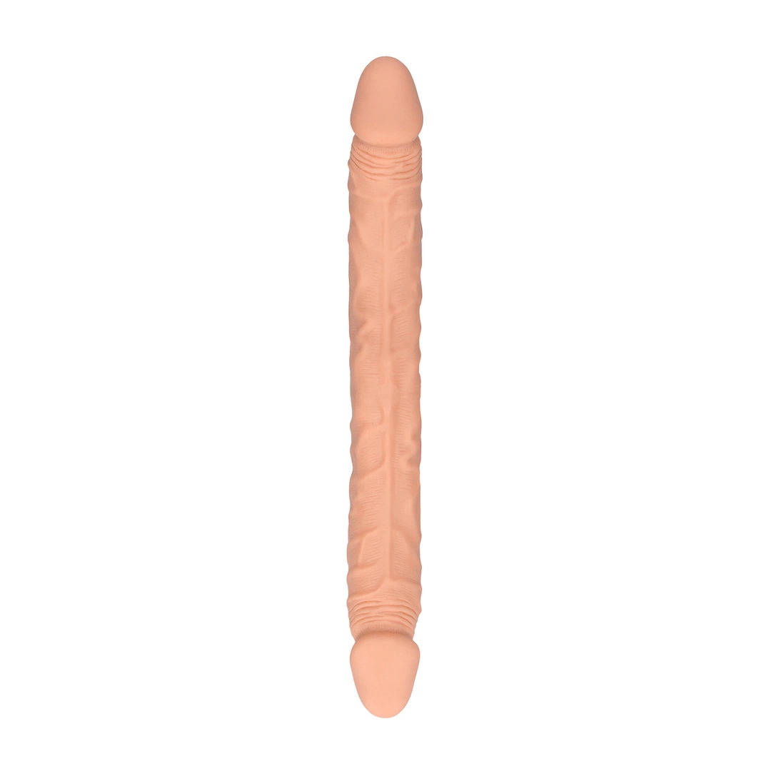 Realistyczne zakrzywione podwójne dildo do masturbacji wykonane z beżowych elastomerów termoplastycznych RealRock 36 cm
