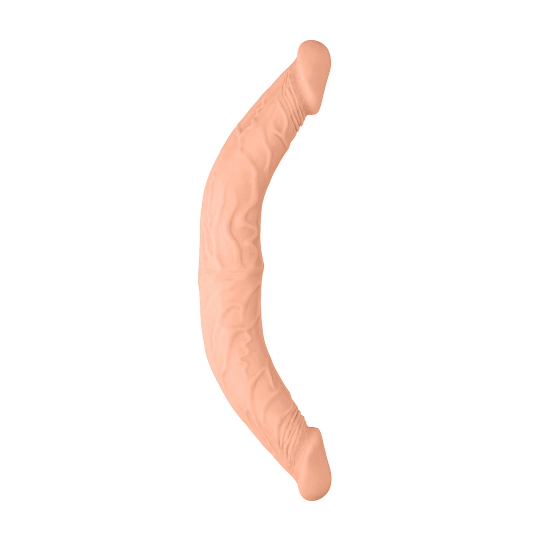 Realistyczne zakrzywione podwójne dildo do masturbacji wykonane z beżowych elastomerów termoplastycznych RealRock 36 cm
