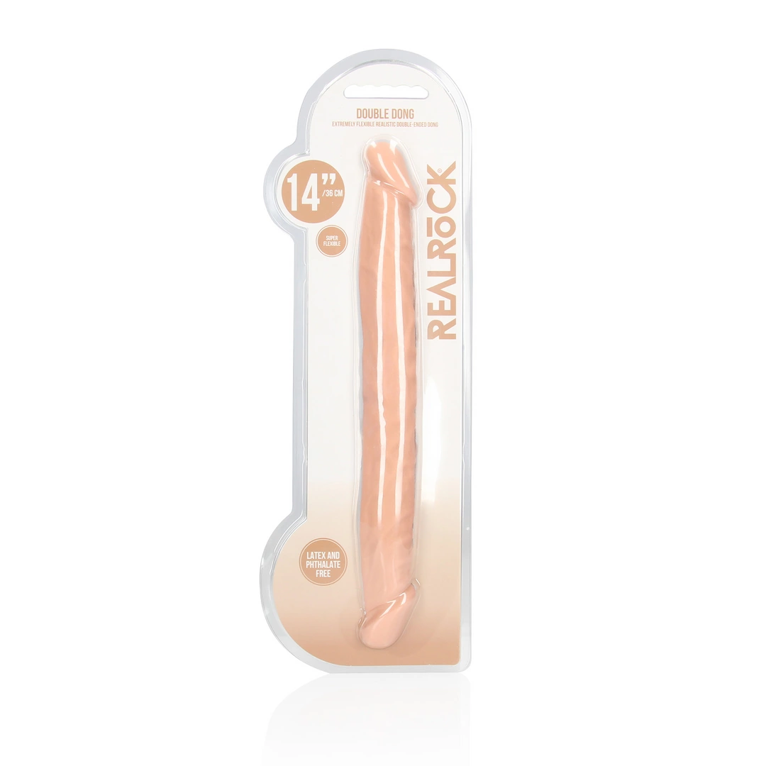 Realistyczne zakrzywione podwójne dildo do masturbacji wykonane z beżowych elastomerów termoplastycznych RealRock 36 cm