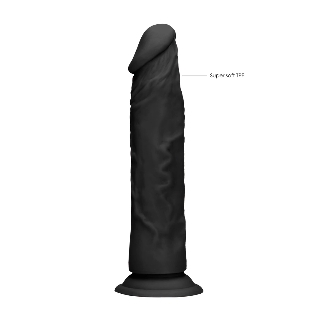Realistyczne dildo do masturbacji wykonane z czarnego termoplastycznego elastomeru z przyssawką RealRock 17 cm