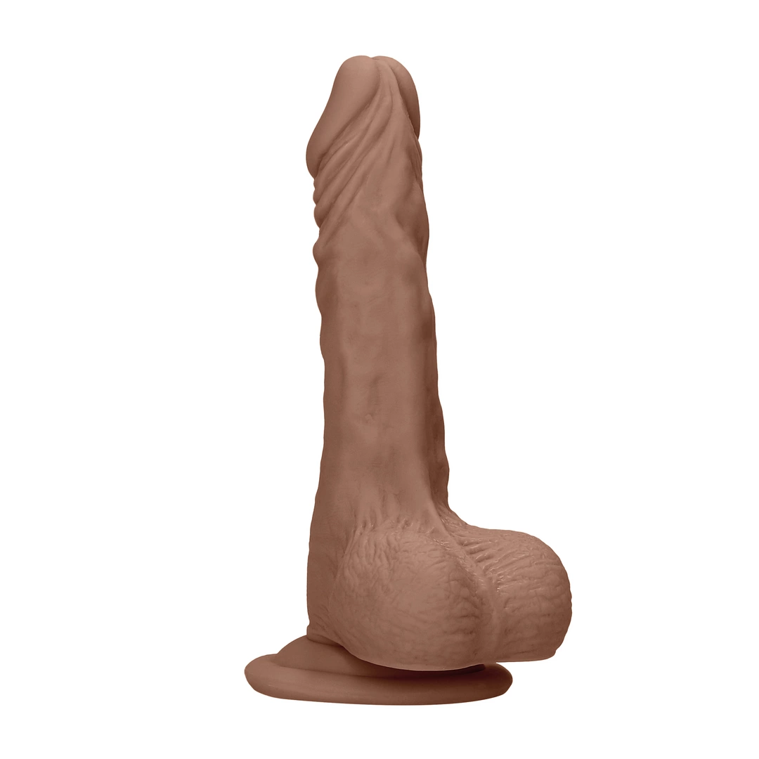 Realistyczne dildo do masturbacji wykonane z beżowego silikonu z przyssawką i jądrami RealRock 17 cm