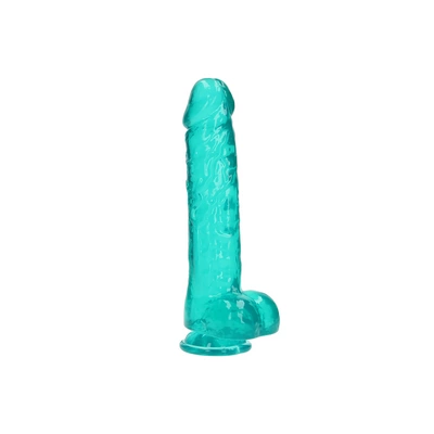 Realistyczne dildo do masturbacji wykonane z zielonego silikonu z przyssawką i jądrami RealRock 28 cm