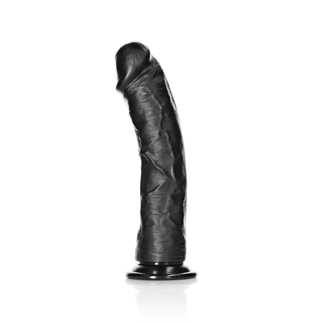 Realistyczne zakrzywione dildo do masturbacji wykonane z czarnego silikonu z przyssawką RealRock 23 cm