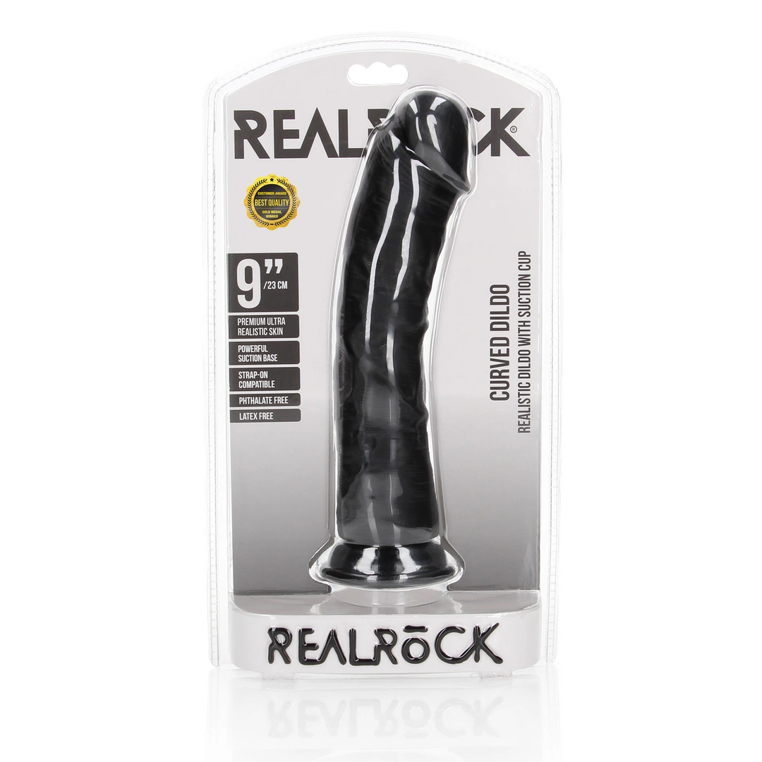 Realistyczne zakrzywione dildo do masturbacji wykonane z czarnego silikonu z przyssawką RealRock 23 cm