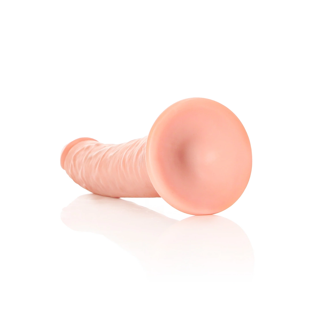 Realistyczne cienkie zakrzywione dildo do masturbacji wykonane z beżowego silikonu z przyssawką RealRock 20 cm