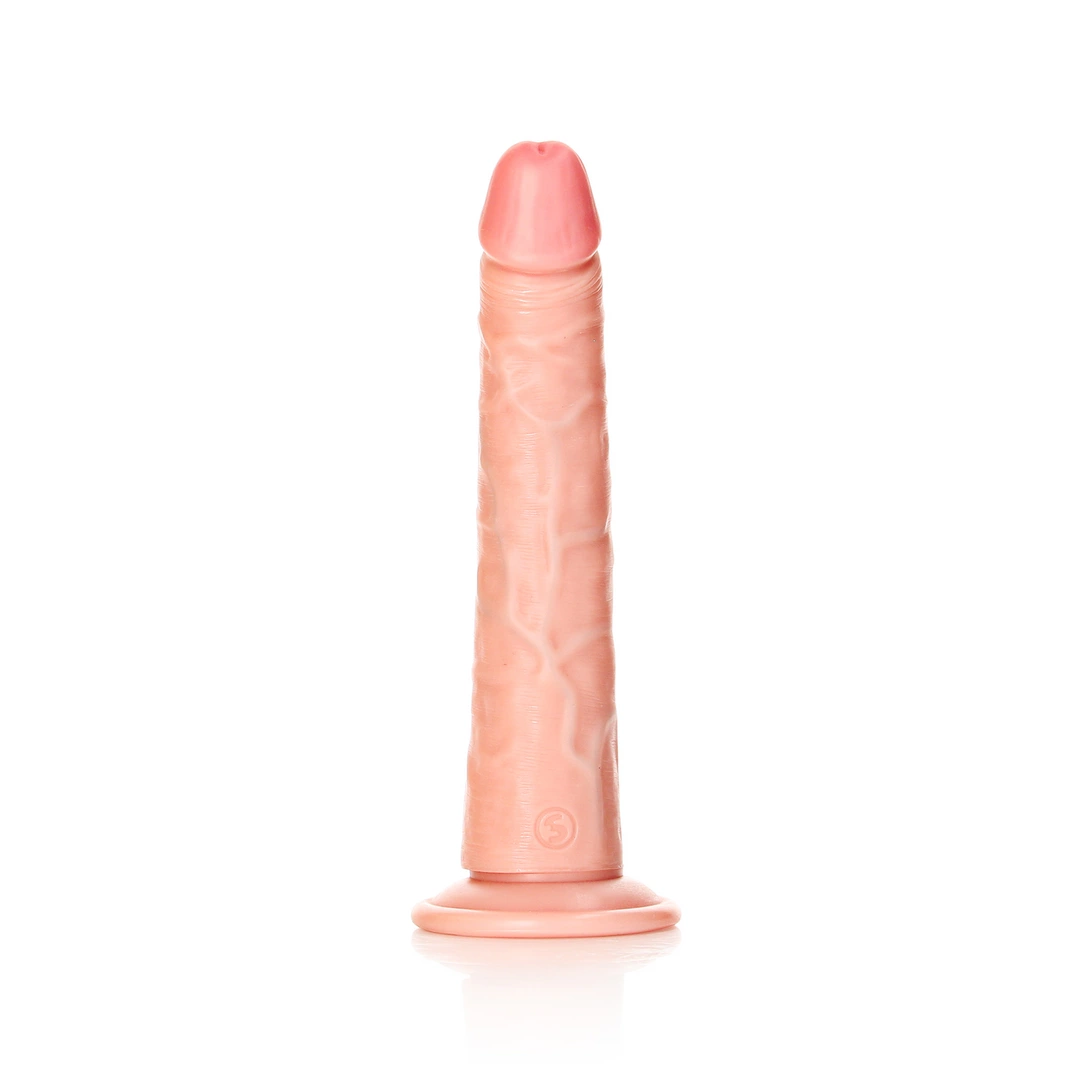 Realistyczne cienkie zakrzywione dildo do masturbacji wykonane z beżowego silikonu z przyssawką RealRock 20 cm