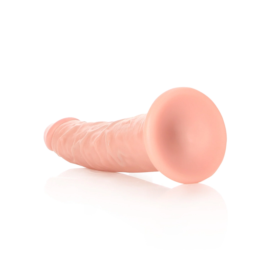 Realistyczne cienkie zakrzywione dildo do masturbacji wykonane z beżowego silikonu z przyssawką RealRock 15 cm