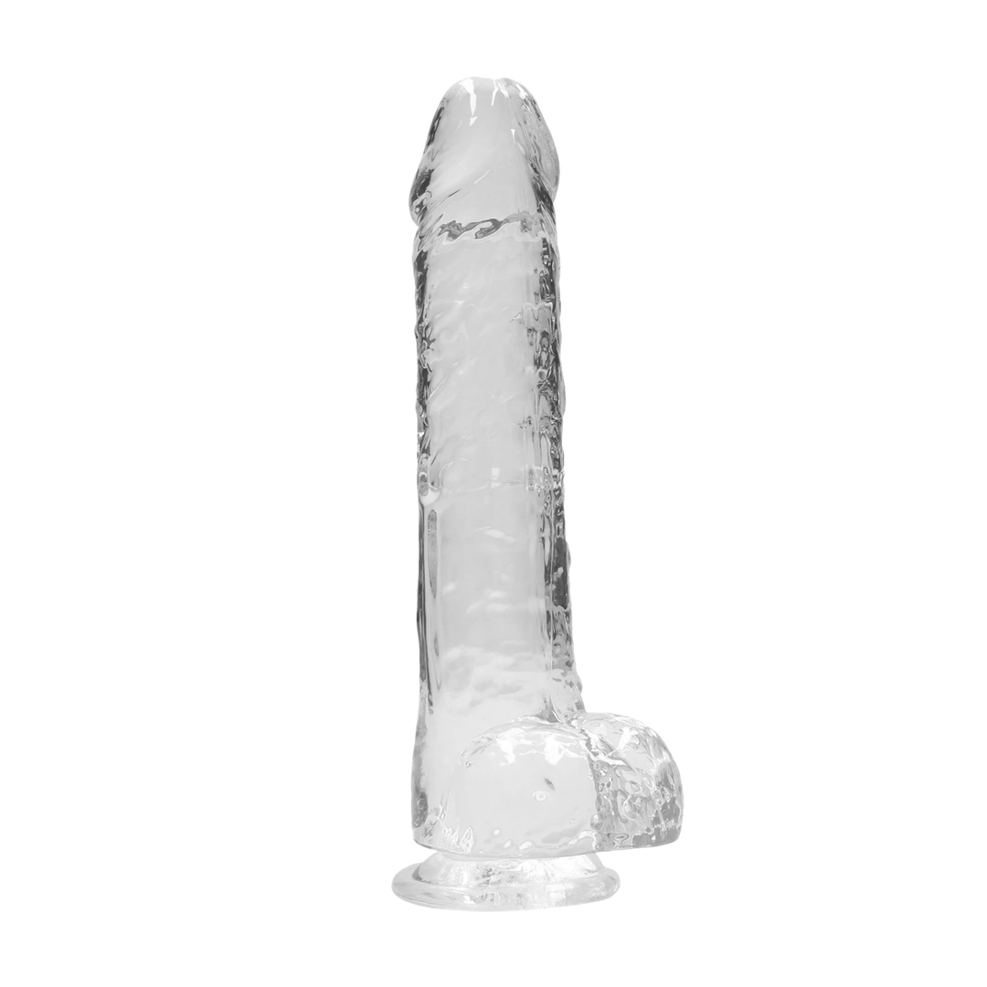 Realistyczne dildo do masturbacji wykonane z przezroczystego silikonu z przyssawką i jądrami RealRock 25 cm