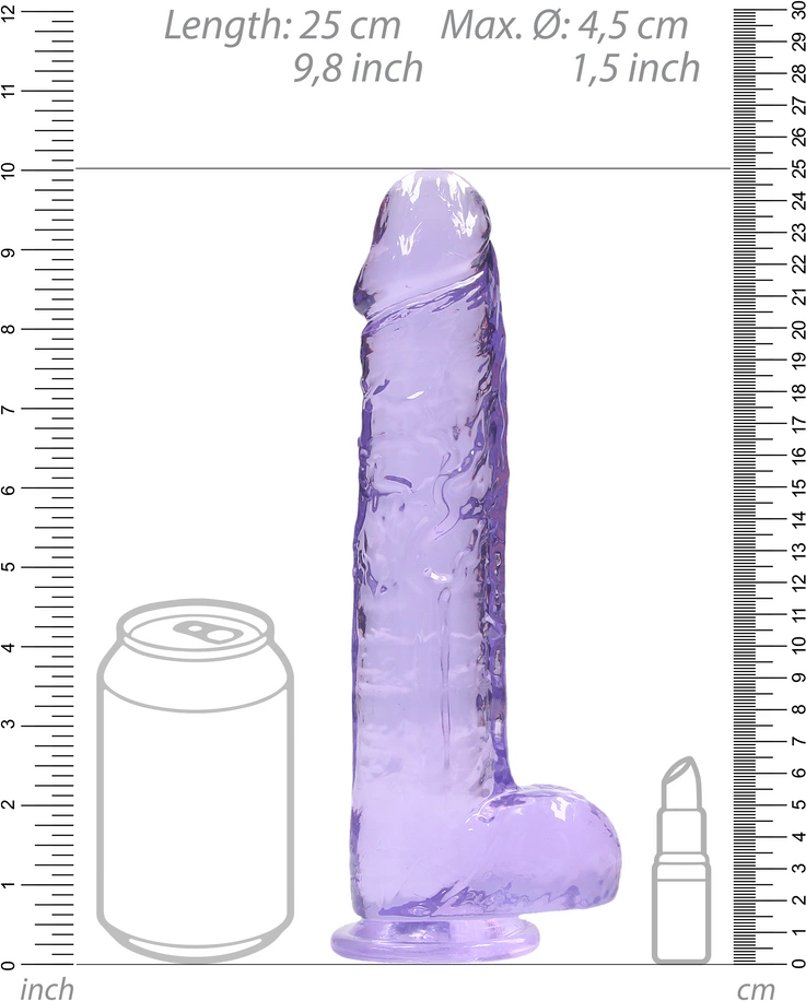 Realistyczne dildo do masturbacji wykonane z fioletowego silikonu z przyssawką i jądrami RealRock 25 cm