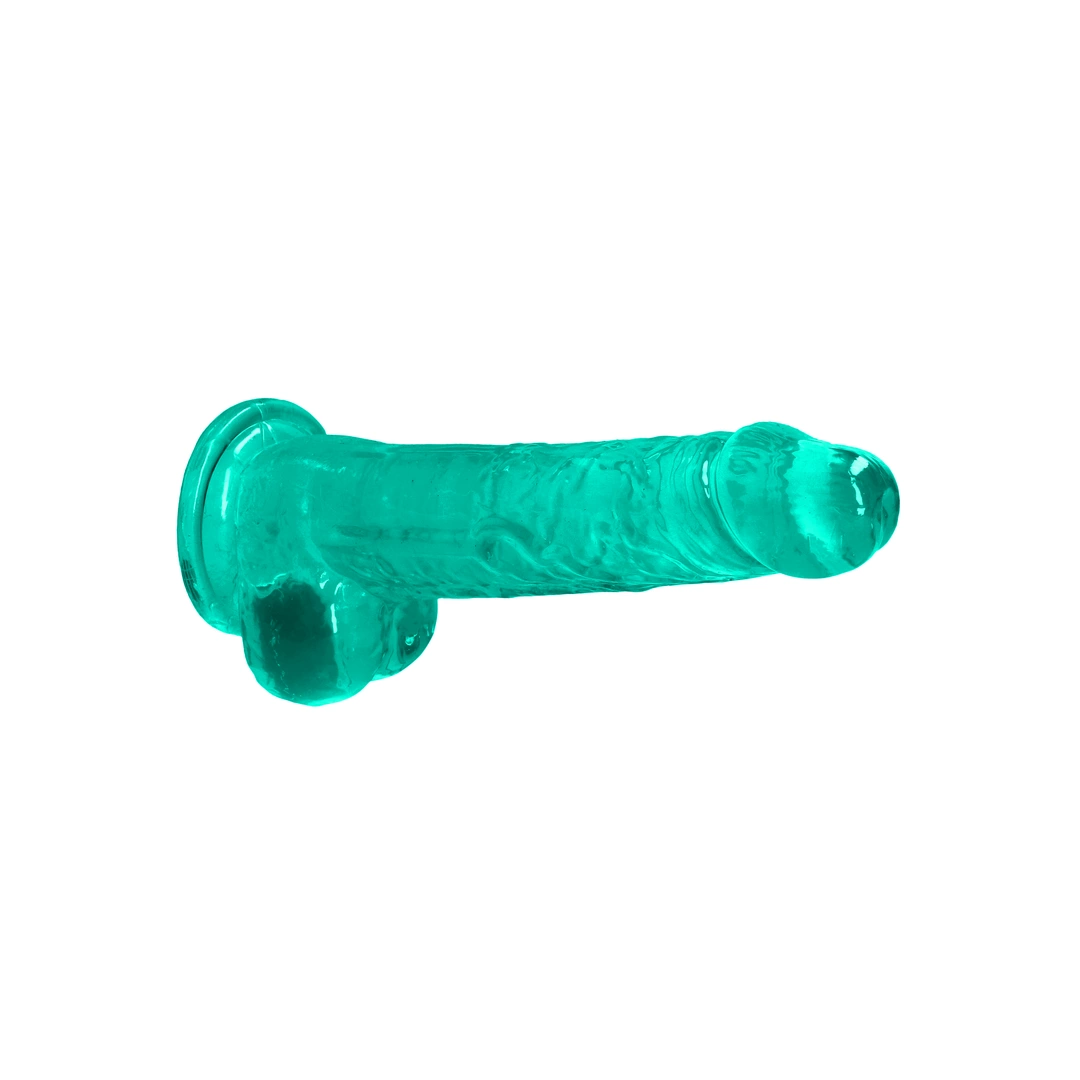 Realistyczne dildo do masturbacji wykonane z zielonego silikonu z przyssawką i jądrami RealRock 21 cm