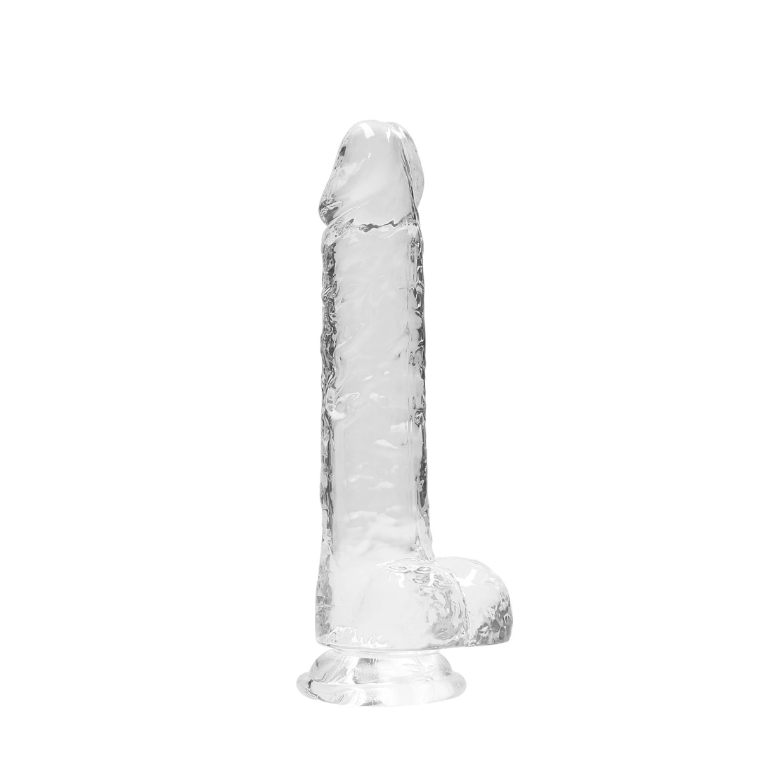 Realistyczne dildo do masturbacji wykonane z przezroczystego silikonu z przyssawką i jądrami RealRock 21 cm