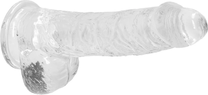 Realistyczne dildo do masturbacji wykonane z przezroczystego silikonu z przyssawką i jądrami RealRock 17 cm