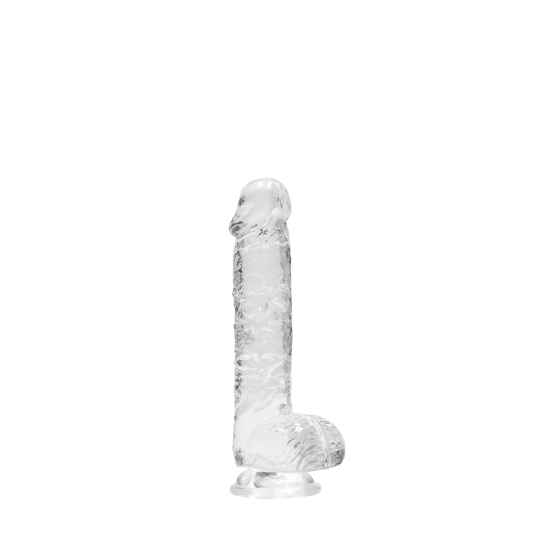 Realistyczne dildo do masturbacji wykonane z przezroczystego silikonu z przyssawką i jądrami RealRock 17 cm